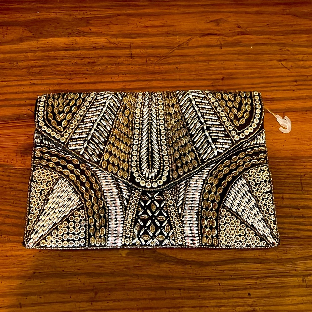 Lulu Mixed Metal Beaded Envelope Clutch silver Brass Seed Bead Black NWOT
